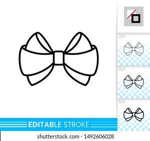 Bow single thin line icon. Ribbon banner. Gift design, present decoration. Tie linear pictogram. Simple illustration, outline symbol. Vector sign isolated on white. Editable stroke icons without fill