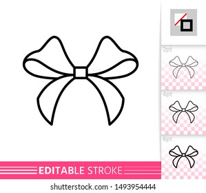 Bow single thin line icon. Ribbon flat banner. Gift design, present decoration linear pictogram. Simple illustration, outline symbol. Vector sign isolated on white. Editable stroke icons without fill