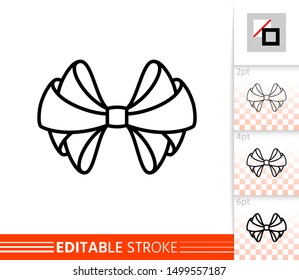 Bow single thin line icon. Ribbon banner. Gift design, present decoration. Tie linear pictogram. Simple illustration, outline symbol. Vector sign isolated on white. Editable stroke icons without fill