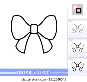 Bow single thin line icon. Ribbon flat banner. Gift design, present decoration linear pictogram. Simple illustration, outline symbol. Vector sign isolated on white. Editable stroke icons without fill