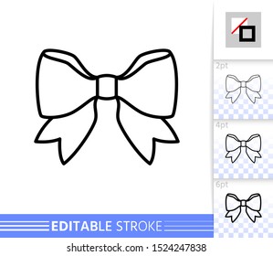 Bow single thin line icon. Ribbon flat banner. Gift design, present decoration linear pictogram. Simple illustration, outline symbol. Vector sign isolated on white. Editable stroke icons without fill