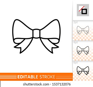 Bow single thin line icon. Ribbon flat banner. Gift design, present decoration linear pictogram. Simple illustration, outline symbol. Vector sign isolated on white. Editable stroke icons without fill