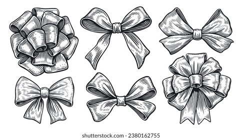 Bow sketch. Collection of decorative holiday ribbons for birthday, wedding or Christmas celebration. Vector illustration