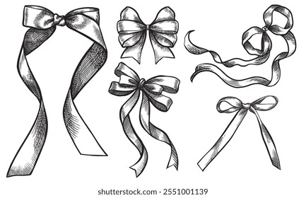 Bow sketch. Collection of decorative holiday ribbons for birthday, wedding or Christmas celebration. 