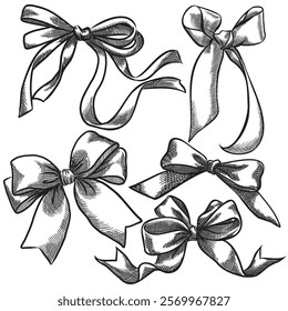 Bow sketch drawing. Collection of decorative holiday ribbons for birthday, wedding or celebration.
