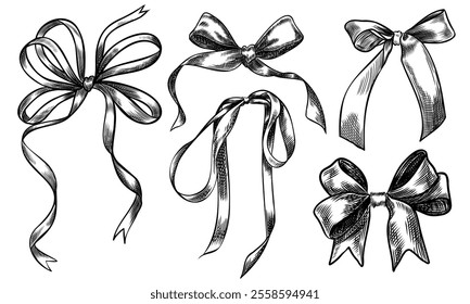 Bow sketch isolated on white background. Collection of decorative holiday ribbons for birthday, wedding or Christmas celebration.