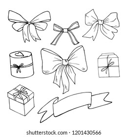 Bow sketch set, vector illustration. Hand drawn. Box, ribbon, present, gift. Birthday, valentine day, new year, celebration.