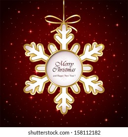 Bow and snowflake on red background with stars, illustration.
