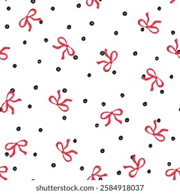 bow with spots seamless vector pattern. red ribbon on white ground. Valentines day. Repeat pattern. cute polka dots with fun sketchy bow illustration. for stationary, paper, wrapping, nightwear, girls