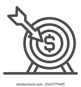 Bow target with dollar coin line icon, financial advice concept. Vector graphics. Money income goal, archery arrow sign on white background, outline style icon for mobile or web design