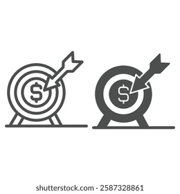 Bow target with dollar coin line and solid icon, financial advice concept. Vector graphics. Money income goal, archery arrow sign on white background, outline style icon for mobile or web design