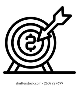 Bow target with dollar coin line icon, financial advice concept. Vector graphics. Money income goal, archery arrow sign on white background, style mobile or design