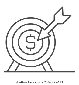 Bow target with dollar coin thin line icon, financial advice concept. Vector graphics. Money income goal, archery arrow sign on white background, outline style icon for mobile or web design