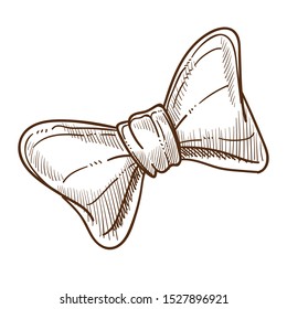 Bow tie, butterfly shaped clothing accessory for formal events. Made from fabric. Hand drawn sketch illustration in brown color, close up and detailed. Flat isolated vector design on white background.