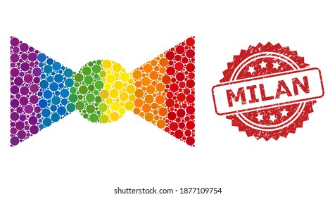 Bow tie collage icon of spheric blots in different sizes and LGBT color tints, and Milan grunge rosette stamp. A dotted LGBT-colored Bow tie for lesbians, gays, transgenders, and bisexuals.