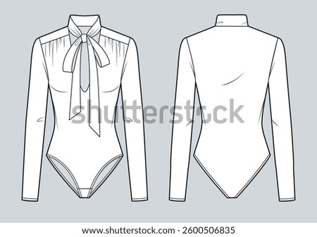 Bow Tie Collar Bodysuit Technical Fashion Illustration. V Neck Bodysuit fashion flat technical drawing template, long sleeves, bow neck, slim fit, front and back view, white, women CAD mockup.