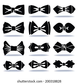 Bow tie collection.Hipsters Fashion.Set of black  flat  bow-tie silhouettes,icons. Vector Illustration.Isolated on white.Bow tie with shadow.Modern flat vector.Holiday accessories.Father day