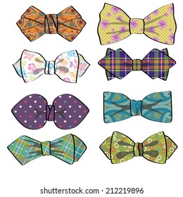 Bow tie collection.Hipsters Fashion.Colored bow-tie silhouettes,icons set.Vintage Vector Illustration.Isolated on white.Bow tie,butterfly with pattern.Modern flat vector.Holiday accessories.Father day