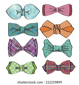 Bow tie collection.Hipsters Fashion.Colored bow-tie silhouettes,icons set.Vintage Vector Illustration.Isolated on white.Bow tie,butterfly with pattern.Modern flat vector.Holiday accessories.Father day