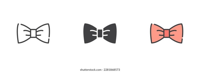 Bow tie different style icon set. Line, glyph and filled outline colorful version, outline and filled vector sign. Symbol, logo illustration. Vector graphics