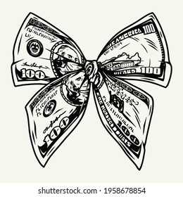 Bow tie of dollar bills concept in vintage monochrome style isolated vector illustration