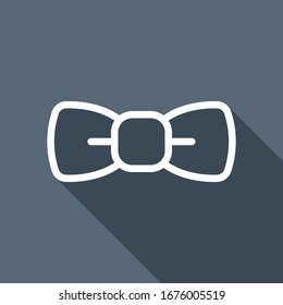 Bow tie, festive linear logo. White flat icon with long shadow on blue background