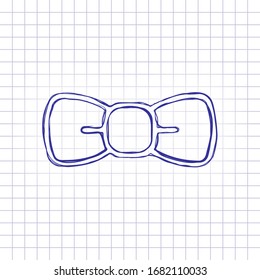 Bow tie, festive linear logo. Hand drawn picture on paper sheet. Blue ink, outline sketch style. Doodle on checkered background