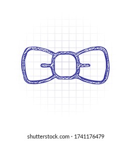 Bow tie, festive linear logo. Hand drawn sketched picture with scribble fill. Blue ink. Doodle on white background