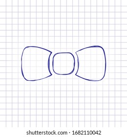 Bow tie, festive logo. Hand drawn picture on paper sheet. Blue ink, outline sketch style. Doodle on checkered background