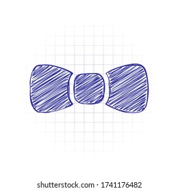 Bow tie, festive logo. Hand drawn sketched picture with scribble fill. Blue ink. Doodle on white background