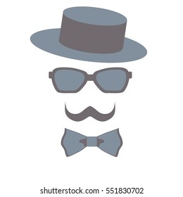 Bow Tie glasses mustache and hat vector symbols of man or gentleman
