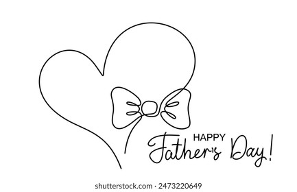 Bow Tie in heart Happy Fathers Day. Continuous One line drawing. Concept Fathers Day card. Vector illustration