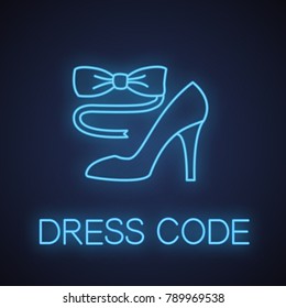 Bow Tie And High Heel Shoe Neon Light Icon. Party Dress Code Glowing Sign. Women's And Men's Accessories. Vector Isolated Illustration