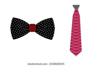 Bow tie and tie icon design. Necktie icon design on white background. Necktie fashion concept. Vector illustration of digital stamp, greeting card, sticker, icon design.