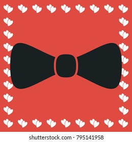 Bow tie icon flat. Simple black pictogram on red background with white hearts for valentines day. Vector illustration symbol