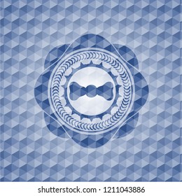 bow tie icon inside blue emblem or badge with abstract geometric polygonal pattern background.
