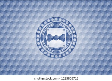 bow tie icon inside blue emblem or badge with abstract geometric pattern background.