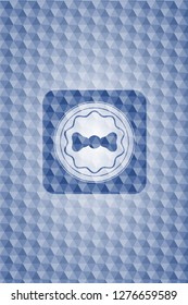 bow tie icon inside blue emblem or badge with geometric pattern background.