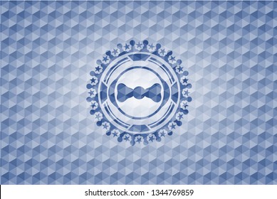 bow tie icon inside blue badge with geometric pattern.