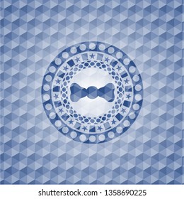 bow tie icon inside blue emblem or badge with abstract geometric pattern background.