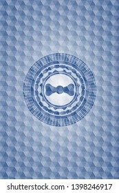 bow tie icon inside blue badge with geometric pattern.