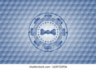 bow tie icon inside blue emblem with geometric background.