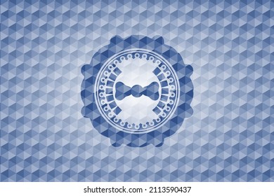 bow tie icon inside blue emblem with geometric background. 