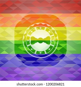 bow tie icon inside emblem on mosaic background with the colors of the LGBT flag