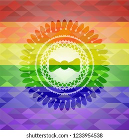 bow tie icon inside emblem on mosaic background with the colors of the LGBT flag