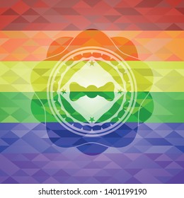 bow tie icon inside emblem on mosaic background with the colors of the LGBT flag