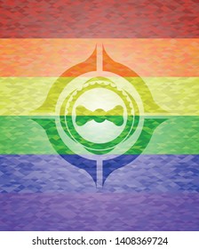 bow tie icon inside emblem on mosaic background with the colors of the LGBT flag