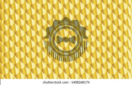 bow tie icon inside gold emblem or badge. Scales pattern. Vector Illustration. Detailed.