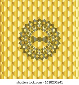 bow tie icon inside gold shiny emblem. Scales pattern. Vector Illustration. Detailed.