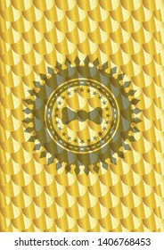 bow tie icon inside golden badge or emblem. Scales pattern. Vector Illustration. Detailed.